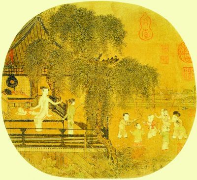 宋代《荷亭儿戏图》中母亲着装即为对襟直领褙子